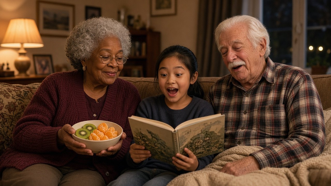 Fruit before bed: an older couple share a bowl of kiwis and mandarins on the sofa while their granddaughter reads a story aloud