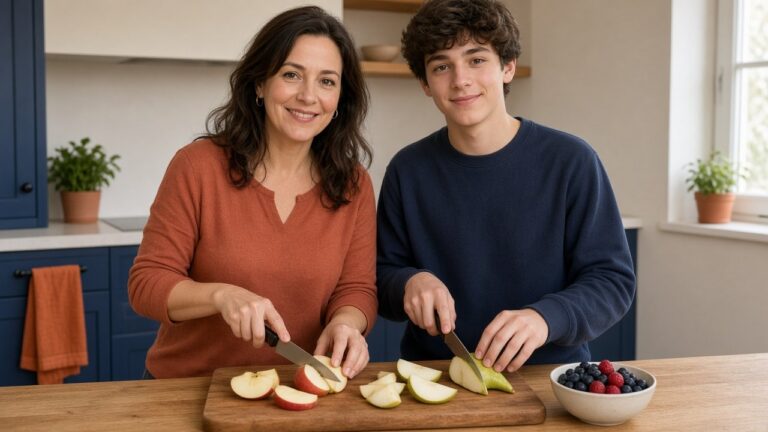 Une femme et une adolescente coupent une pomme et une poire à la table de la cuisine, fruits du jour, toutes deux vues de face