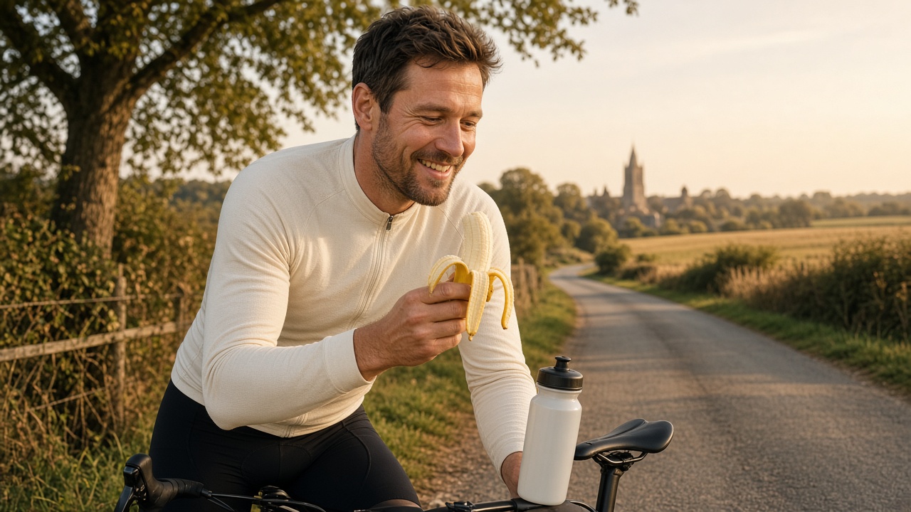 Cycliste en pause avec une banane et une gourde neutre sur une route de campagne, sans gel énergétique