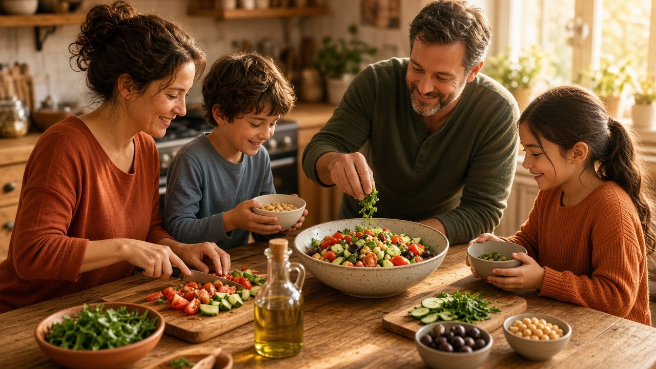 Een gezin maakt in de keuken samen een salade met tomaat, komkommer, kikkererwten en verse kruiden, met olijfolie en olijven op tafel: een groen mediterraan dieet thuis.