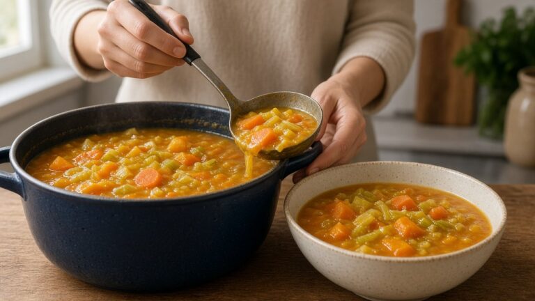 Persoon schept zelfgemaakte groentesoep met wortel, prei en pompoen uit een kookpot in een kom aan het fornuis