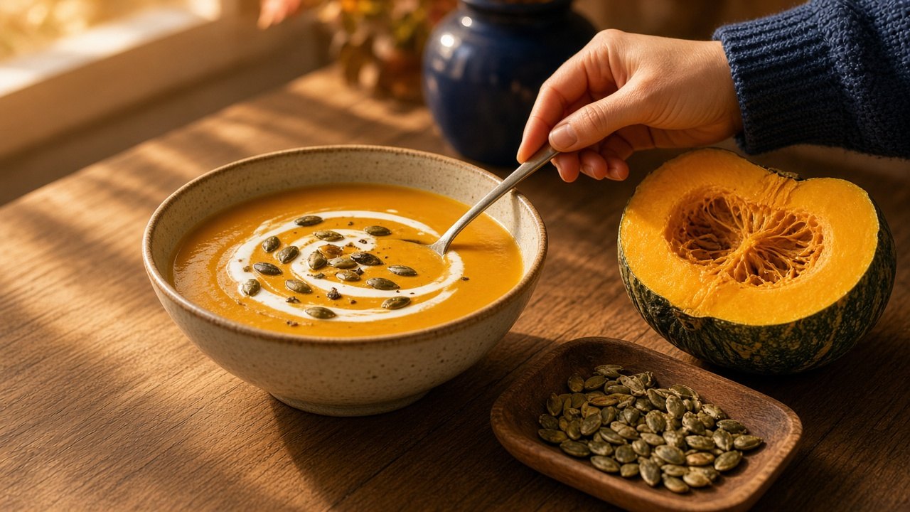 Bowl of orange pumpkin soup with roasted pumpkin seeds next to half a pumpkin on a wooden kitchen table in autumn light