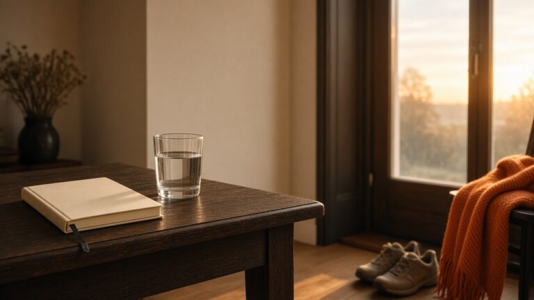 Quiet room at sunset with a notebook and a glass of water on a side table, trainers and a towel by the window: healthspan vs lifespan