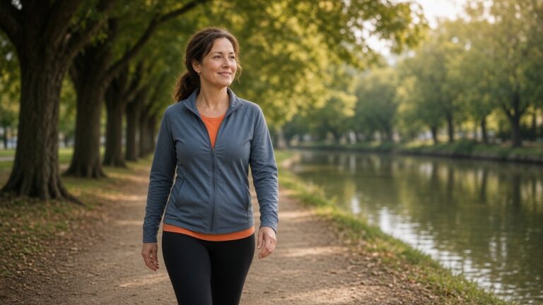 Een vrouw van in de veertig maakt een rustige wandeling langs een kanaal.