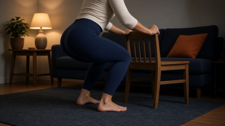 Persoon in een diepe gesteunde hurk in de woonkamer, handen vasthoudend aan een stoel