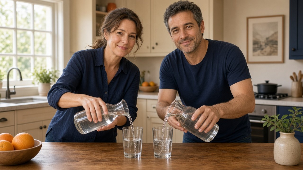 Een vrouw en een man schenken kraanwater in glazen aan de keukentafel, beide van voren zichtbaar