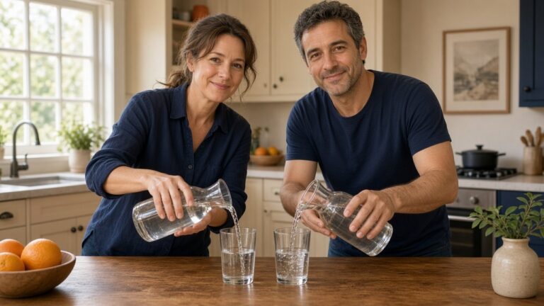 A woman and a man pour tap water into glasses at the kitchen table: how much water to drink per day