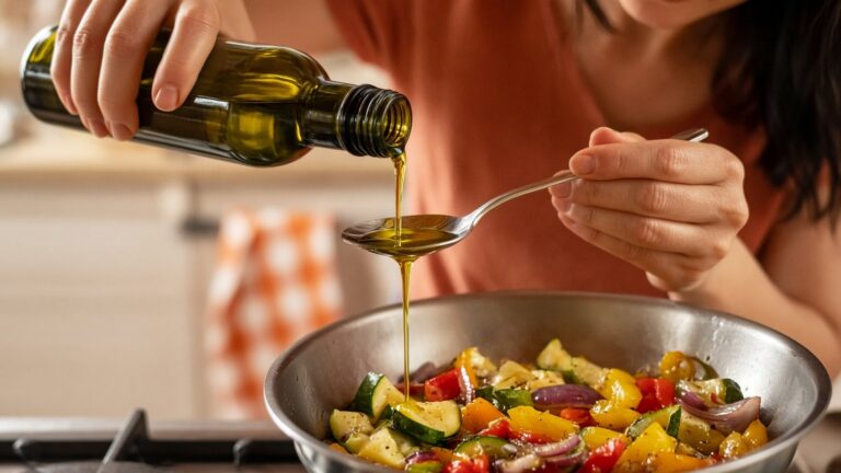 Femme dosant une cuillère à soupe d'huile d'olive extra vierge au-dessus d'une poêle de légumes sur la cuisinière