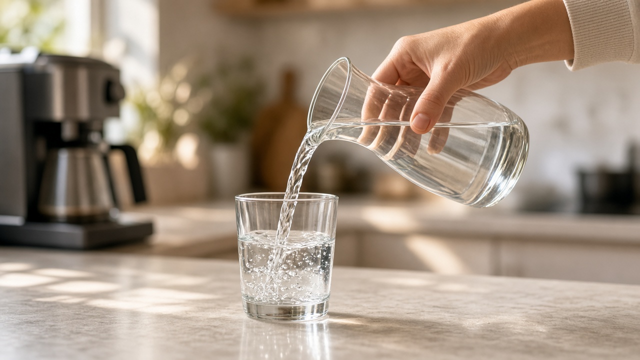 Une main verse de l'eau dans un verre à côté de la cafetière : de l'eau avant le café