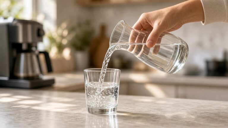 A hand pouring water into a glass next to the coffee maker: water before coffee