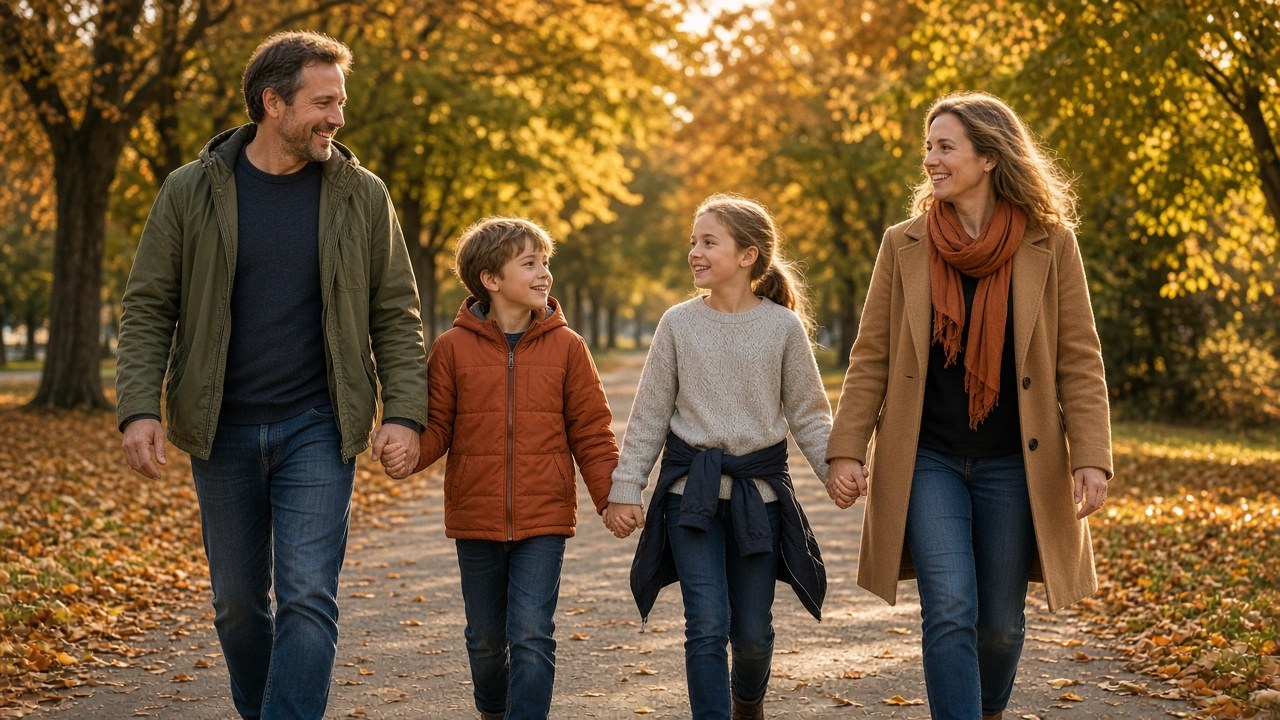 Une famille se promène au parc dans la lumière d'automne lors d'une journée de repos actif