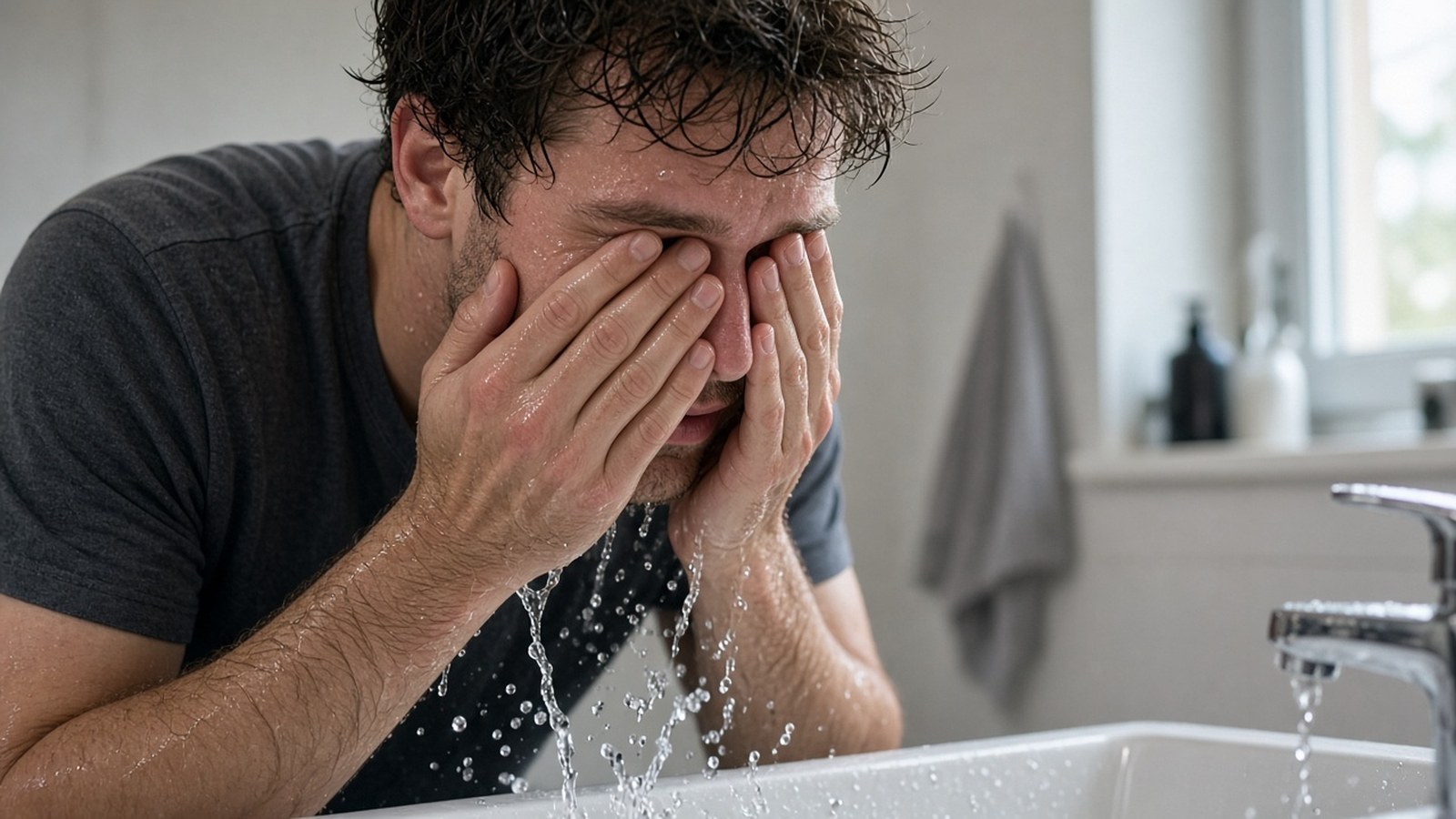 Persoon spat ’s ochtends koud water in het gezicht bij de wasbak