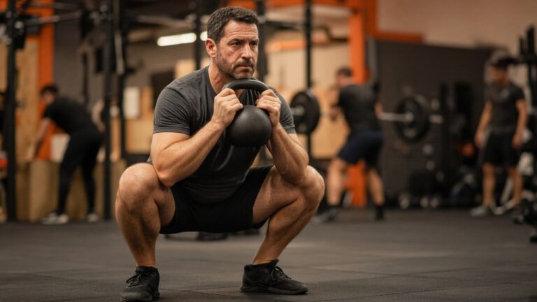 Een sporter doet een goblet squat met een kettlebell, andere sporters onscherp in de sportschool.