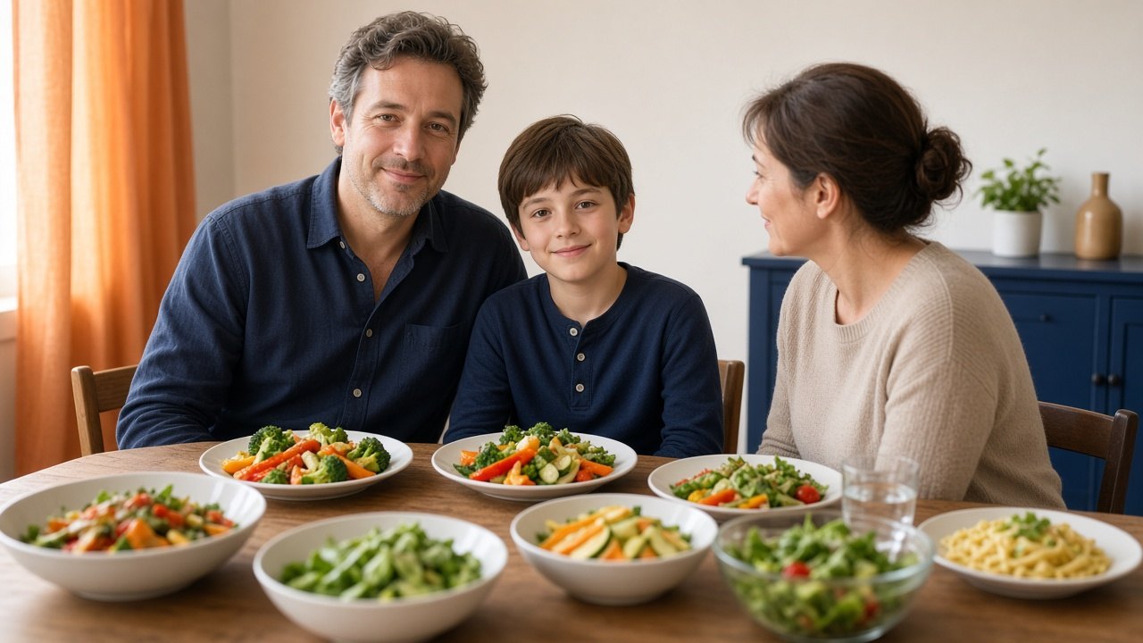 Une famille sert des légumes dans une assiette à table, parents et enfant vus de face