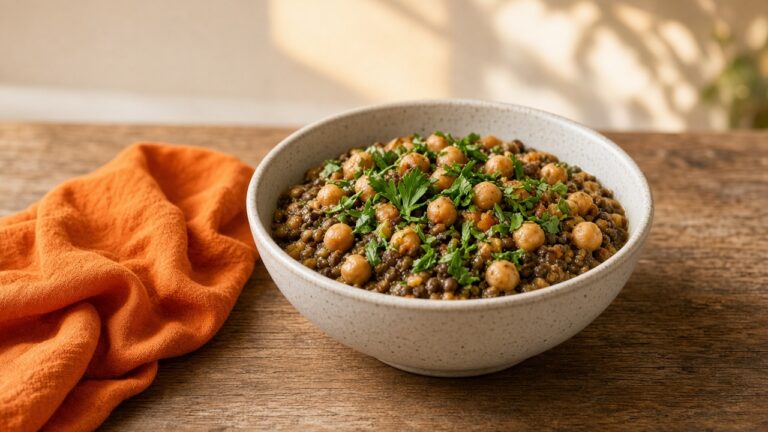 Bol de lentilles aux légumes sur une table en bois dans une lumière de cuisine chaude, manger plus de légumineuses