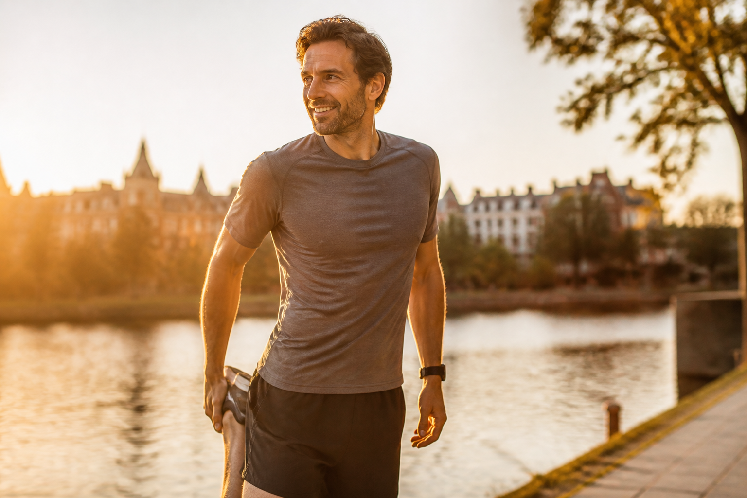 Sportif actif s'étirant après la course au coucher du soleil au bord de l'eau : longévité et healthspan en pratique