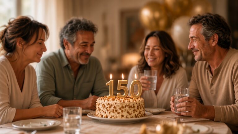 People in their fifties celebrating a 150th birthday, warm light, cake with 150 candles: longevity escape velocity