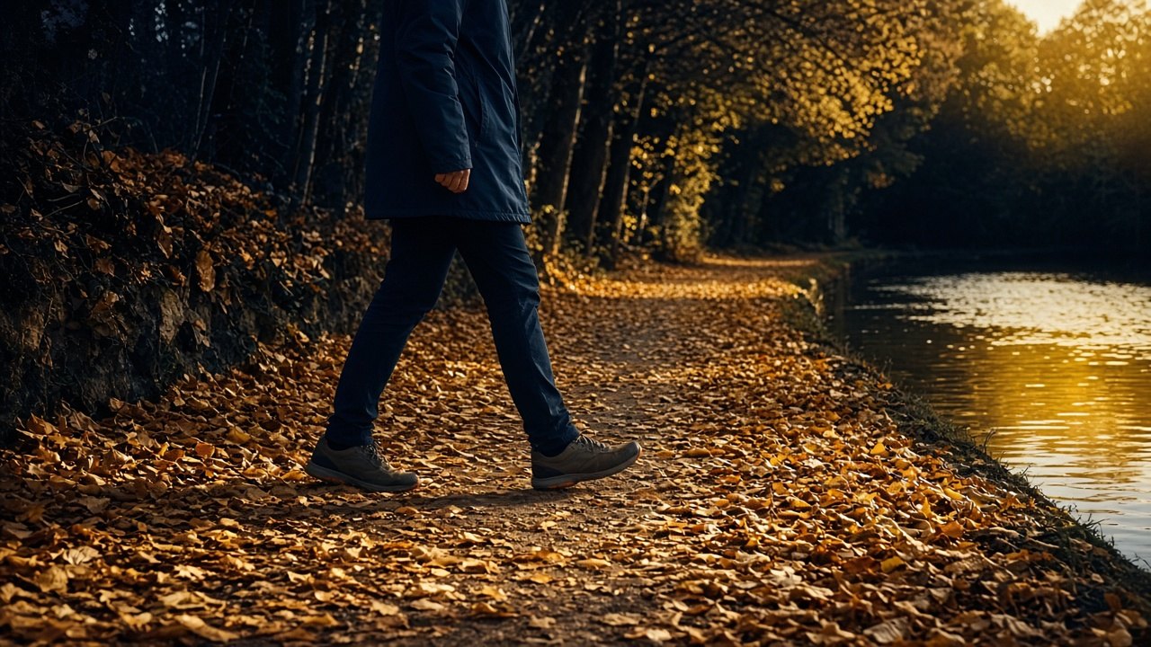 Personne marchant sur un chemin de halage en automne, pieds et jambes en mouvement, arbres aux feuilles orange : longue marche du week-end