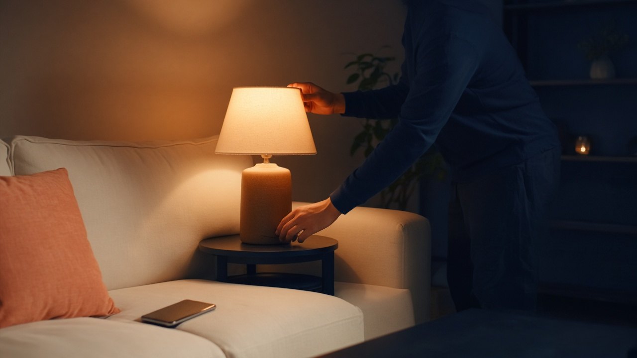Salon le soir avec des lampes à la lumière chaude, ambiance tamisée, téléphone en mode nuit sur la table