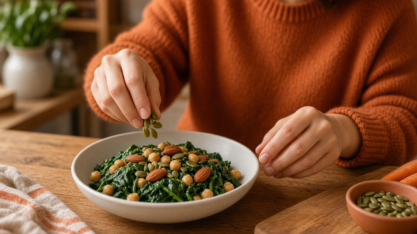Hands sprinkling pumpkin seeds over a bowl of spinach with chickpeas and almonds, rich in magnesium, on a wooden kitchen table