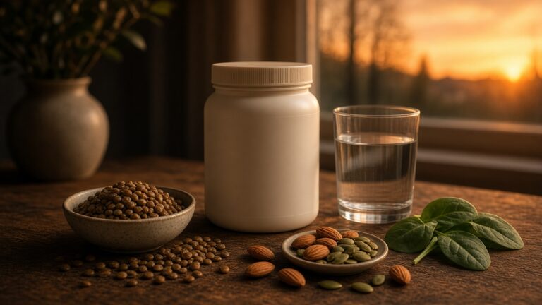 White supplement tub next to a glass of water, bowls of pumpkin seeds and nuts and fresh spinach on a wooden table: magnesium from food first