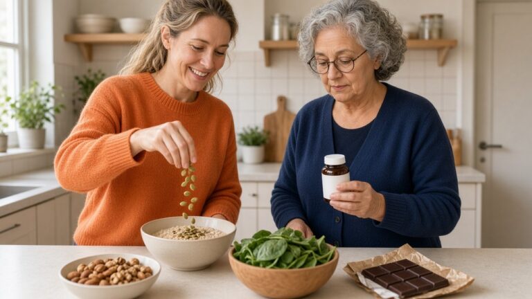 A woman sprinkles seeds on porridge while an older woman reads the label of a magnesium supplement