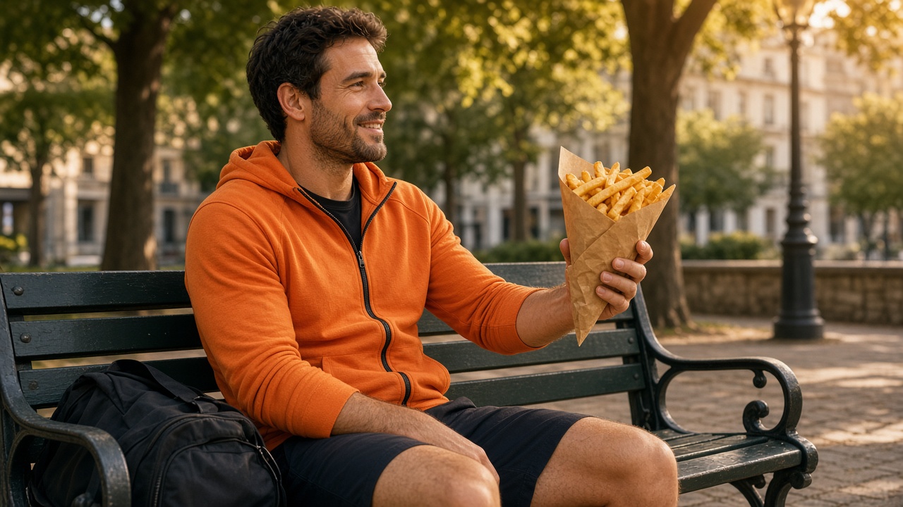 Assiette de frites à côté de chaussures de sport sur une table de cuisine sous une lumière chaude