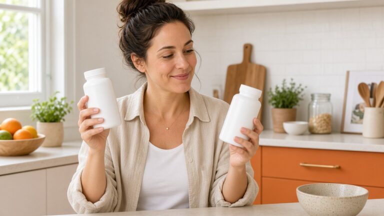Personne comparant deux pots de compléments sans étiquette dans la cuisine, marque ou distributeur