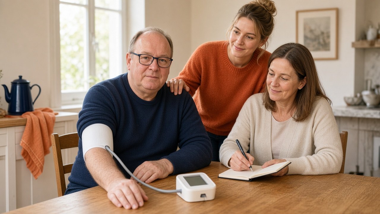 Measuring blood pressure at home at the kitchen table: a man wears an upper-arm cuff while his wife writes down the reading and his daughter looks on