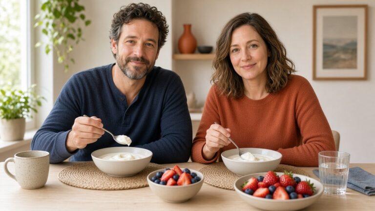 Een man en een vrouw schenken natuuryoghurt uit bij het ontbijt, beide van voren zichtbaar