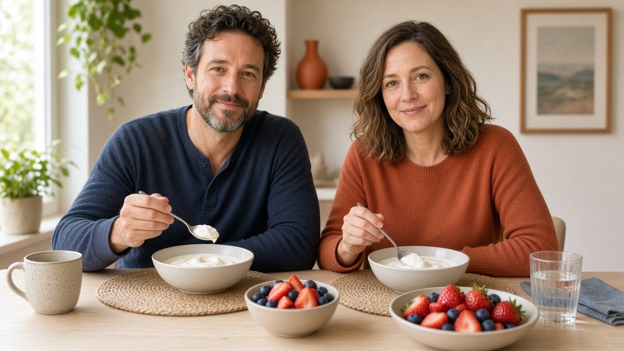 Een man en een vrouw schenken natuuryoghurt uit bij het ontbijt, beide van voren zichtbaar
