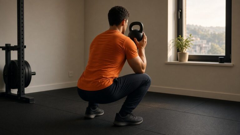Sporter doet een stevige set goblet squats met een kettlebell in een kleine thuisgym tijdens een korte training