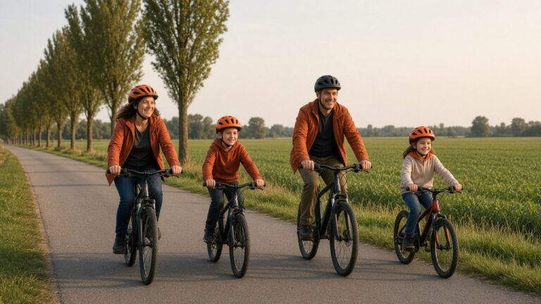 Een gezin fietst samen op zondag door het Belgische landschap.