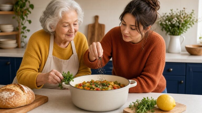 Une grand-mère et sa petite-fille adulte assaisonnent un ragoût de légumes avec des herbes fraîches et du citron pour manger moins de sel