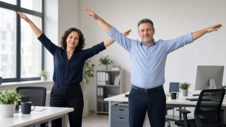 Deux collègues d'âge moyen debout à leur bureau s'étirent pendant une courte pause pour moins rester assis
