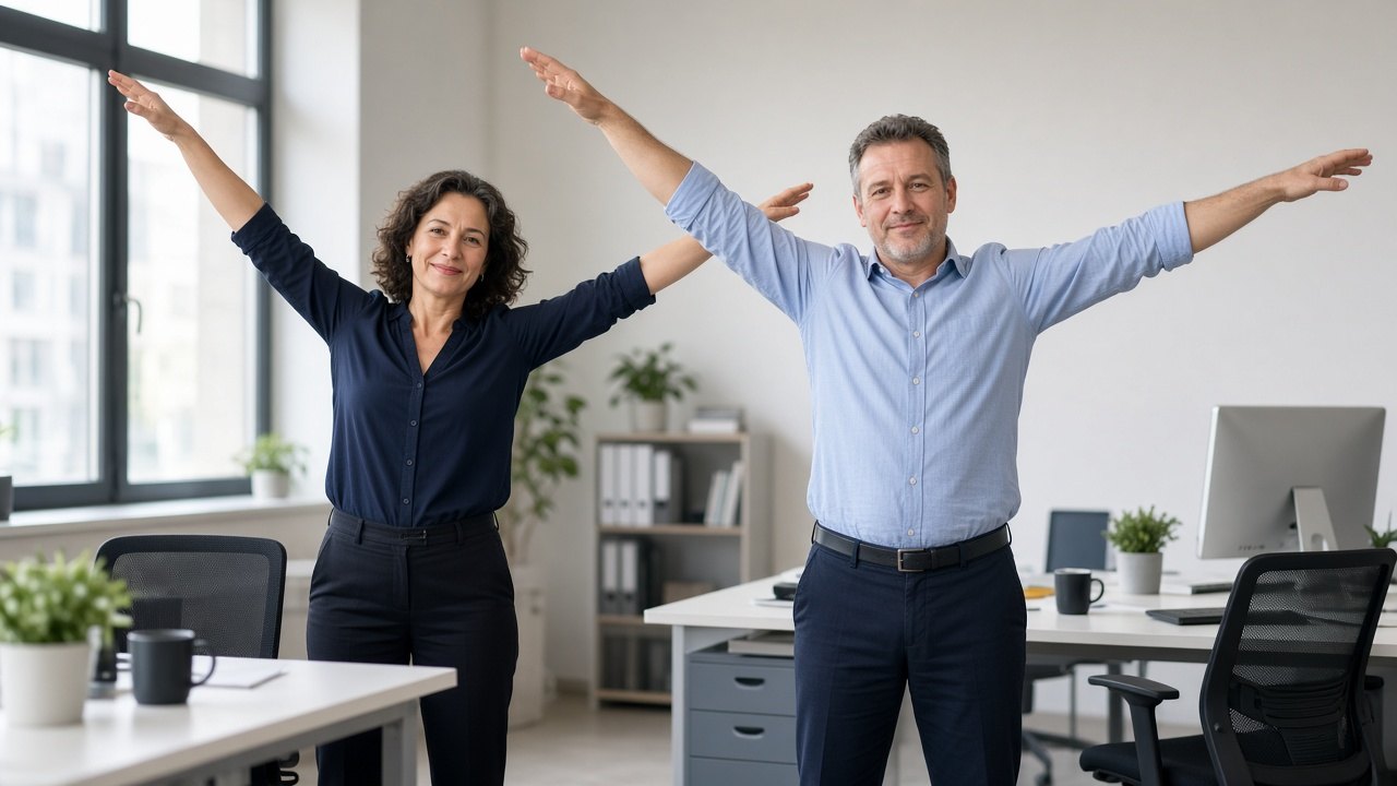 Deux collègues d'âge moyen debout à leur bureau s'étirent pendant une courte pause pour moins rester assis