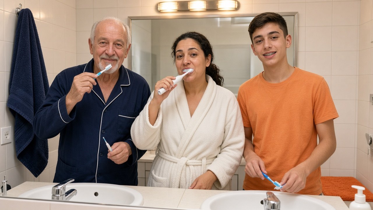 Grootvader, dochter en kleinzoon poetsen 's avonds samen hun tanden in de badkamer, een dagelijkse gewoonte voor een goede mondgezondheid