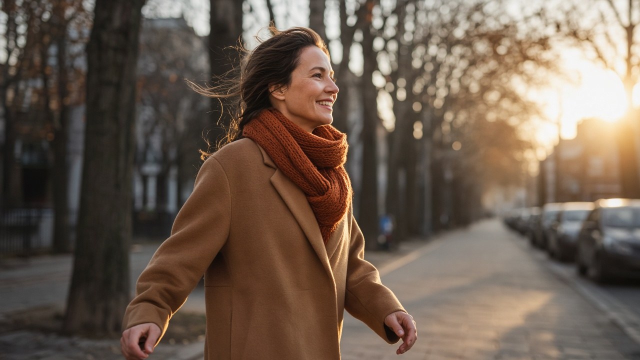 A smiling woman walking outdoors in the morning sunlight wearing a coat