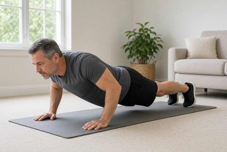 Homme d'âge moyen faisant une pompe sur un tapis dans son salon, un exercice de musculation pour débutants