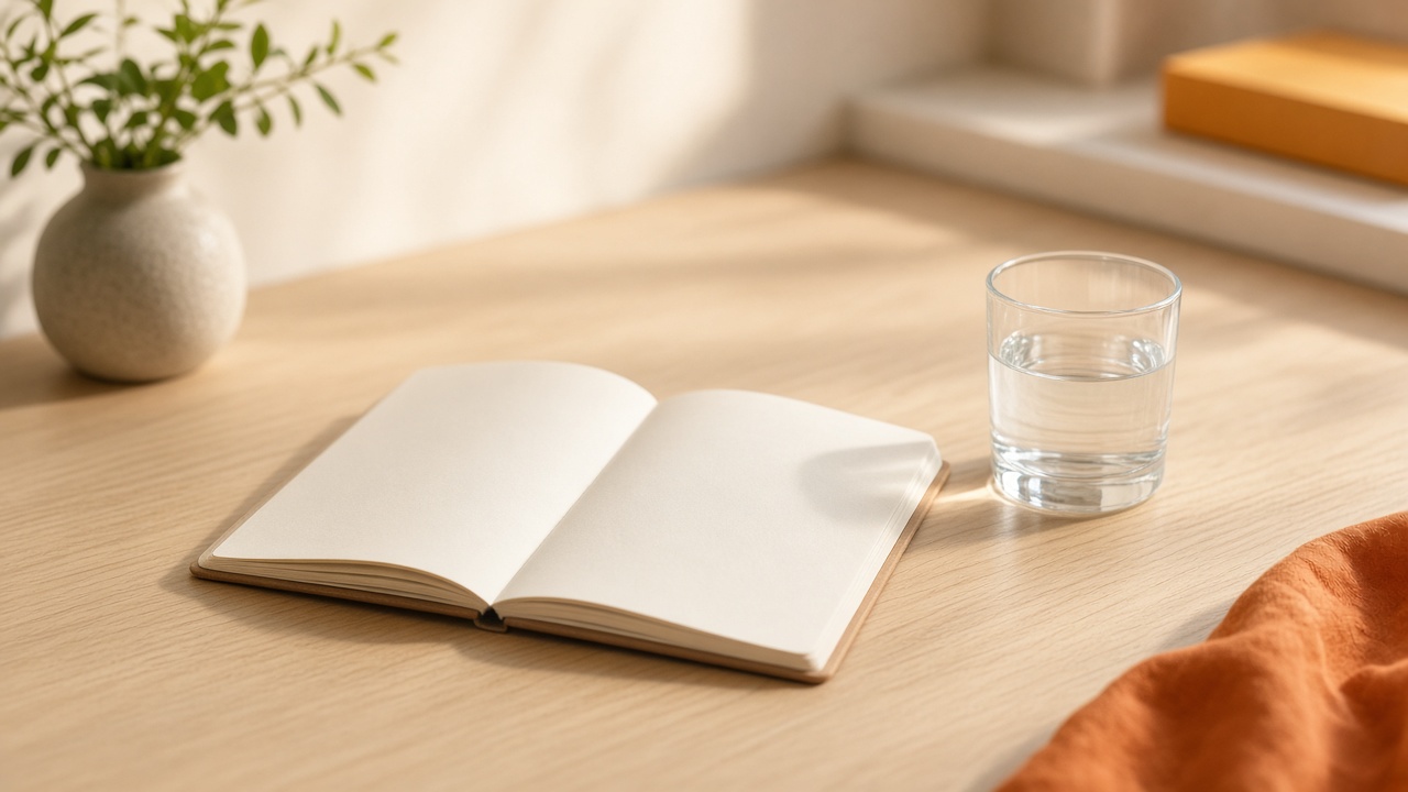 Bureau simple avec un carnet et de l'eau, pas de mur de compléments, lumière chaude du matin : mythes de la longévité