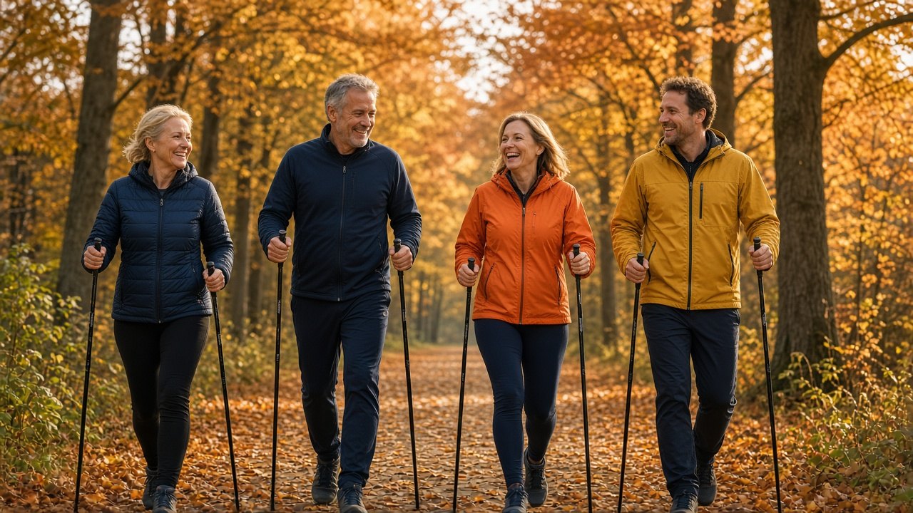 Vier lachende nordic walkers met stokken op een herfstig bospad
