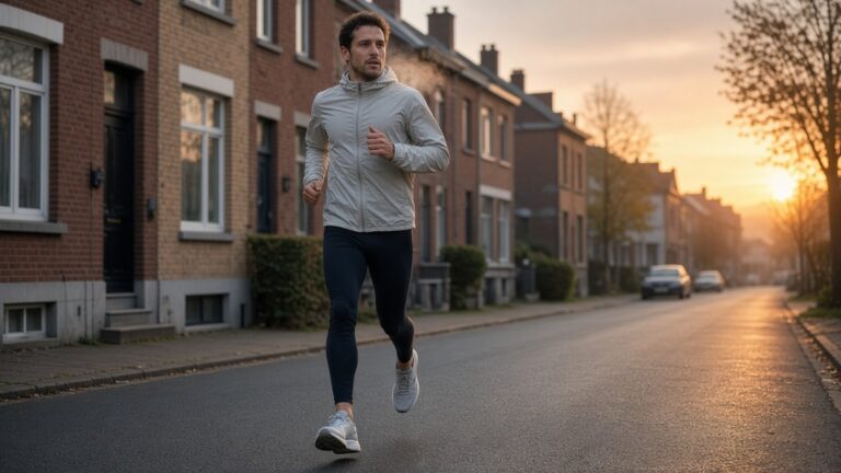Hardloper loopt bij zonsopgang over een straat met kasseien en bakstenen huizen, rustig tempo in sportkleding