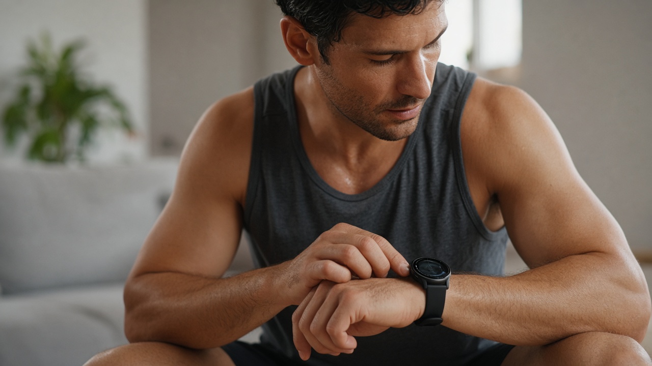 Personne consultant sa montre connectée après l'entraînement, HRV et récupération
