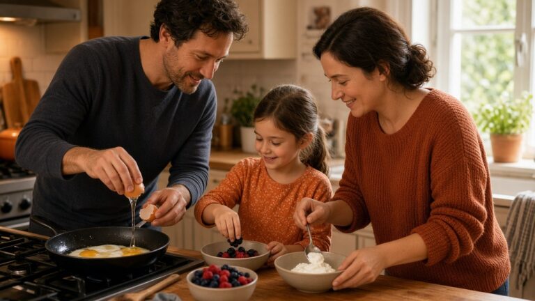 Een gezin maakt samen een eiwitrijk ontbijt met eieren en yoghurt in een warme keuken.