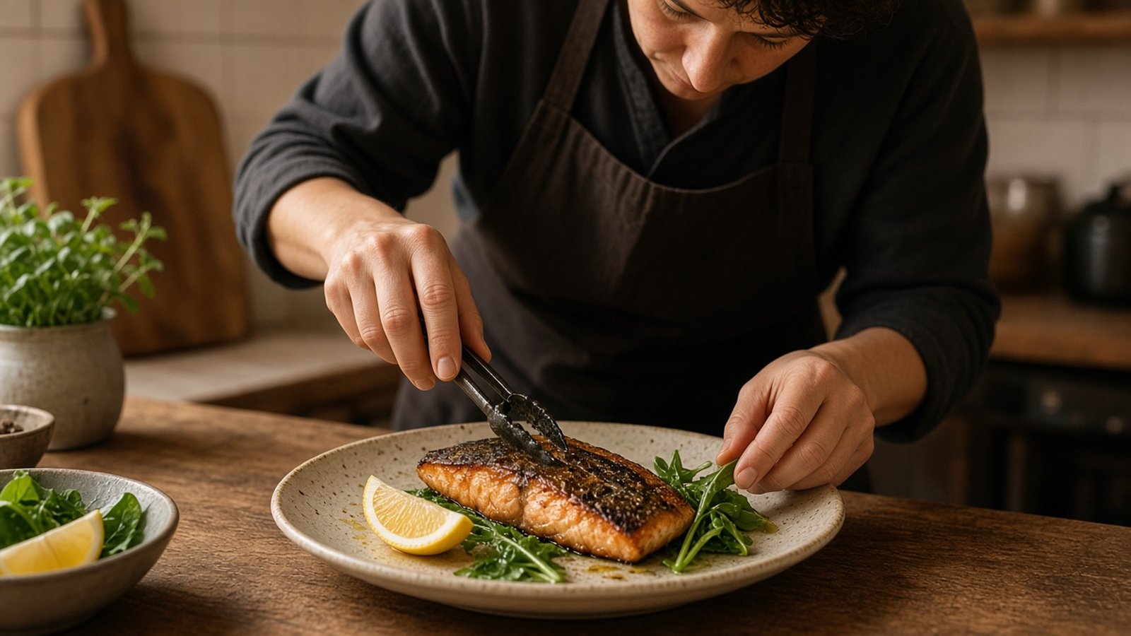 Hands serving salmon or mackerel with vegetables on a plate, omega-3 from oily fish