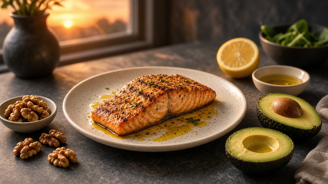 Assiette de filet de saumon grillé, avocat, citron, noix et légumes verts sur une table sombre : oméga-3 du poisson gras pour sportifs