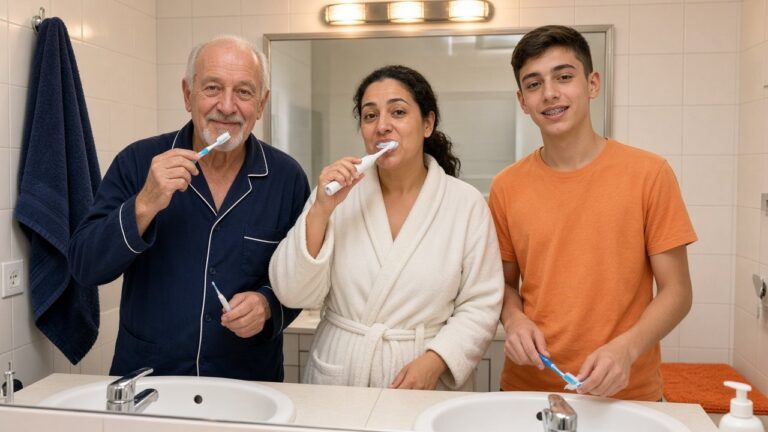 A grandfather, his daughter and his grandson brush their teeth together in the bathroom in the evening, a daily habit for good oral health