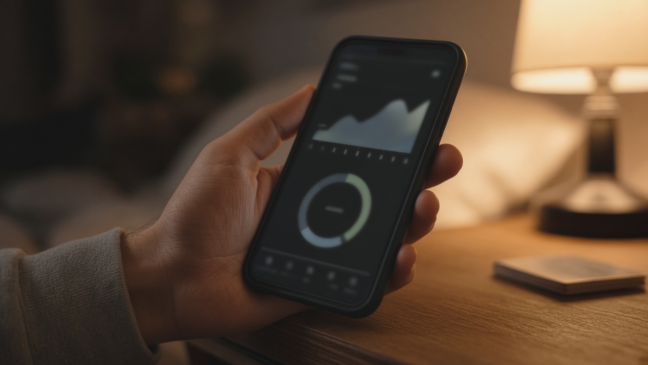 A hand on the bedside table holding a smartphone with a vague sleep graph: orthosomnia