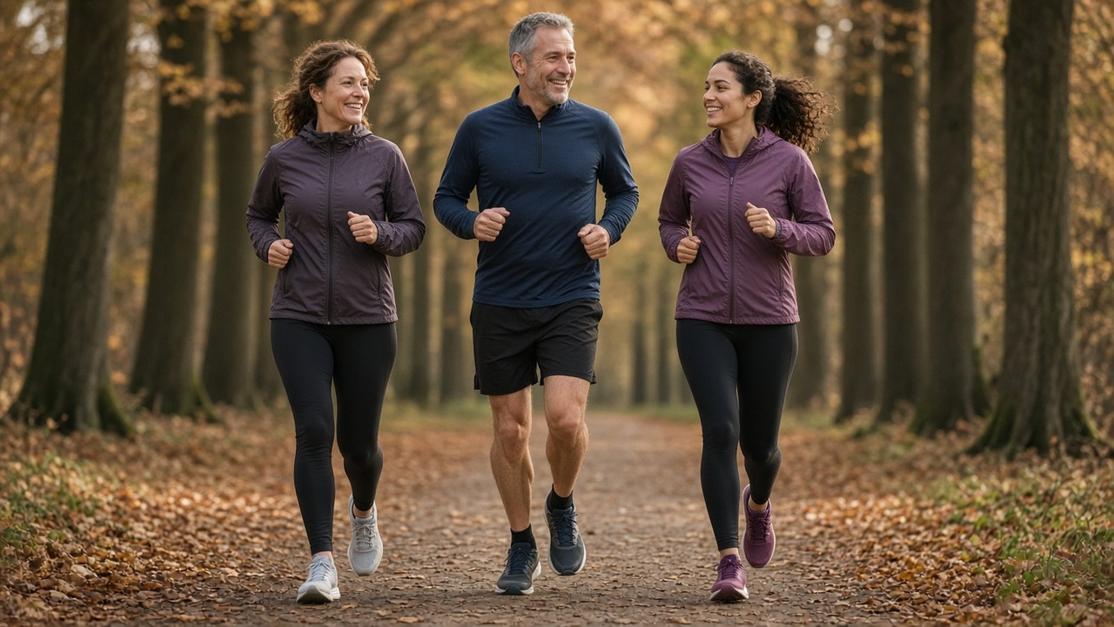Prévenir la périostite tibiale : trois coureurs souriants d'âges différents font un jogging ensemble sur un chemin forestier en automne