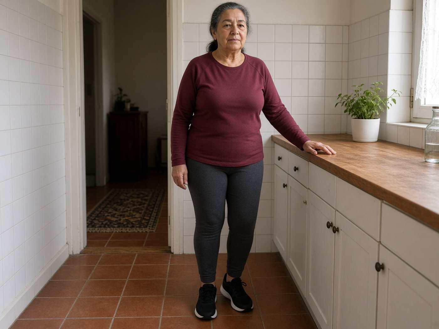 Een vrouw van rond de 67 staat in haar keuken met een hand op het aanrecht, klaar voor kuitheffen